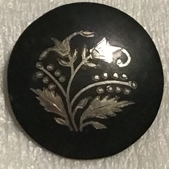 Antique and rare Victorian sterling silver Niello brooch with floral decoration